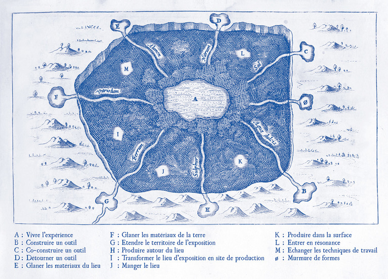 Gravure du XVIIe siècle qui représente l'intérieur de la terre sous forme de carte avec les chemins d'extraction des minéraux depuis le centre de la terre. Les légendes représentent le chemin de pensée des artistes pour l'exposition