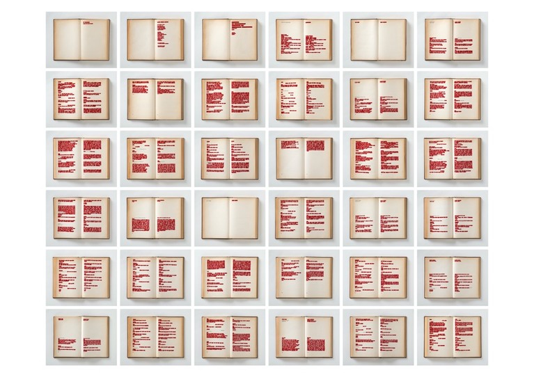 Emilio Isgrò, Othello, 2019, acrylic on books on panel, 27 x 34 each ©Tornabuoni Art 