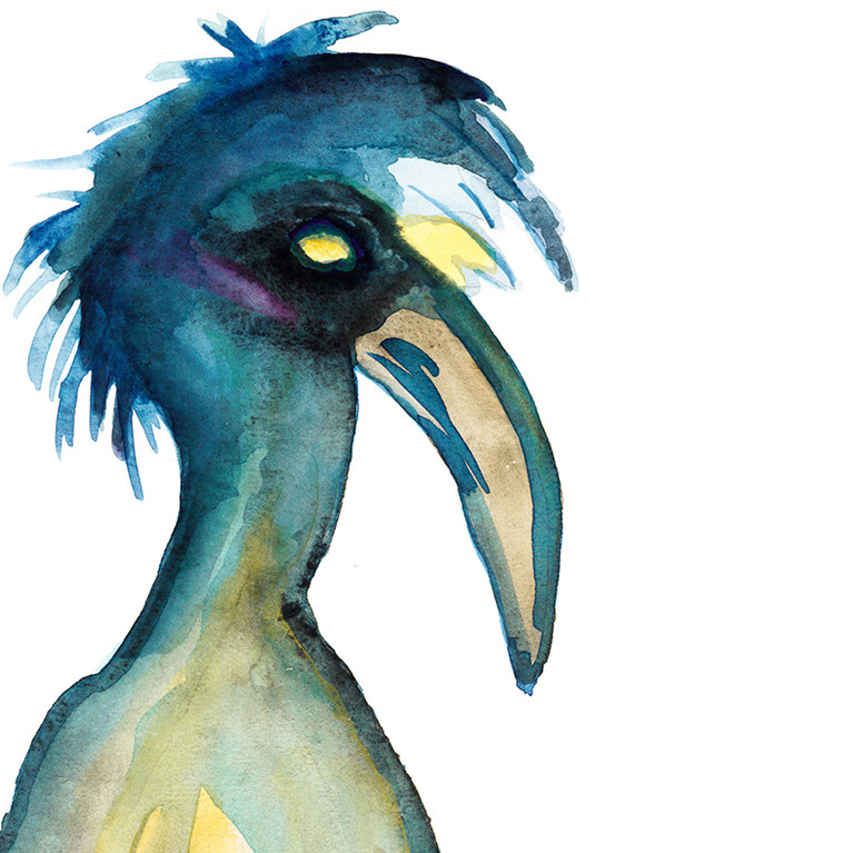 Le Cantique des oiseaux, 2022 – Dessin préparatoire du héron, aquarelle sur papier contrecollées sur carton, cadres en grès 