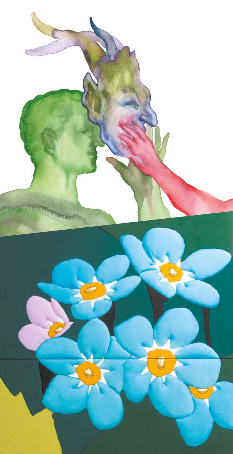 En haut : aquarelle verte et rouge représentant un homme mettant un masque. En bas : un bas-relief avec des fleurs bleues et roses en tissu sur fond vert