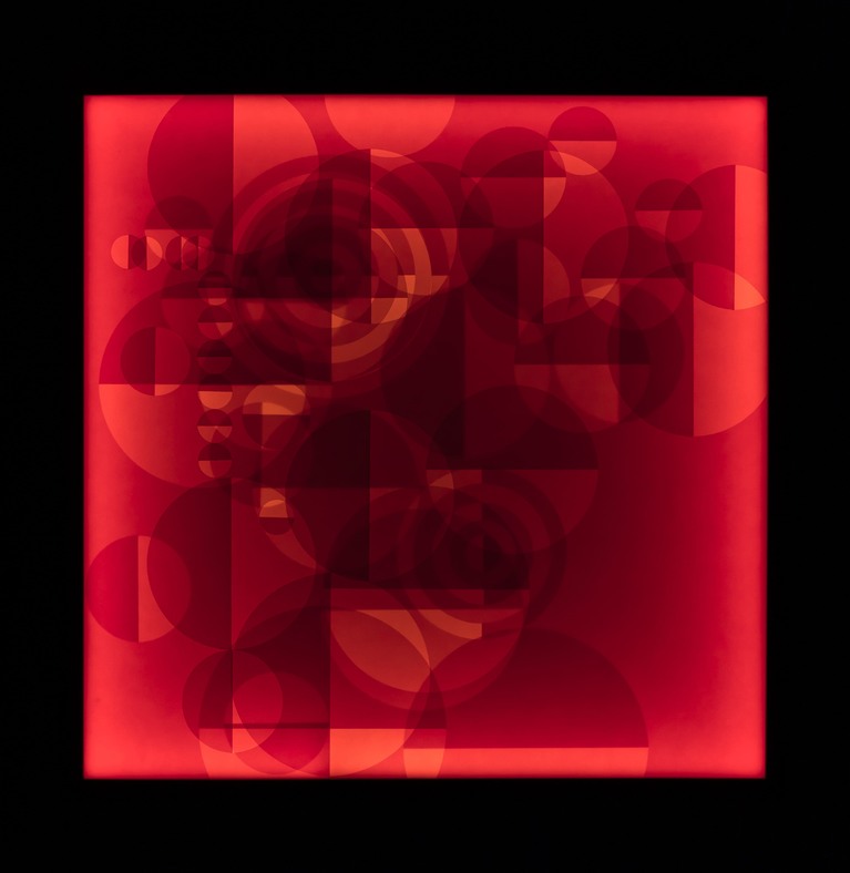 Benjamin Ossa, Red Net series of 4, 2022, Cut and fold on 6 layers of red flame paper. Led illumination system 12V 110-220VAC , 63 x 63 cm