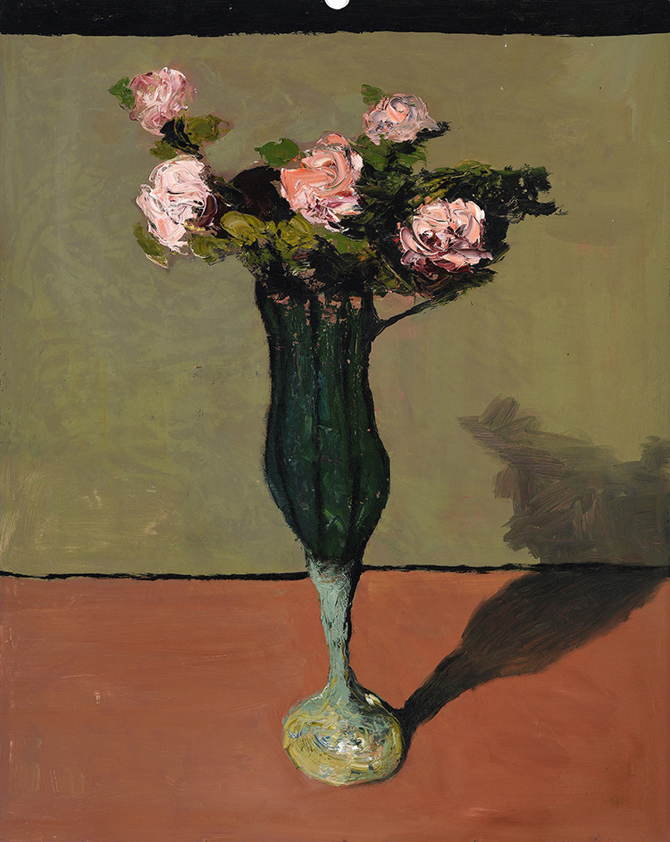 peinture à l'huile sur carton d'un bouquet de roses dans un vase