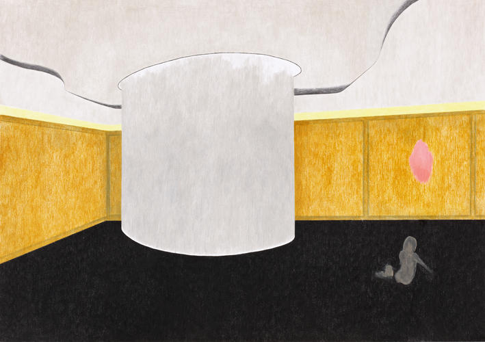 représentation minimaliste d'un espace intérieur délimité par des murs jaunes et un sol noir avec en son centre un épais pilier gris. Une ombre féminine gît, assise à même le sol avec au dessus d'elle une tâche rose nébuleuse.  