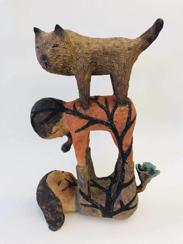 sculpture céramique enfant et chat