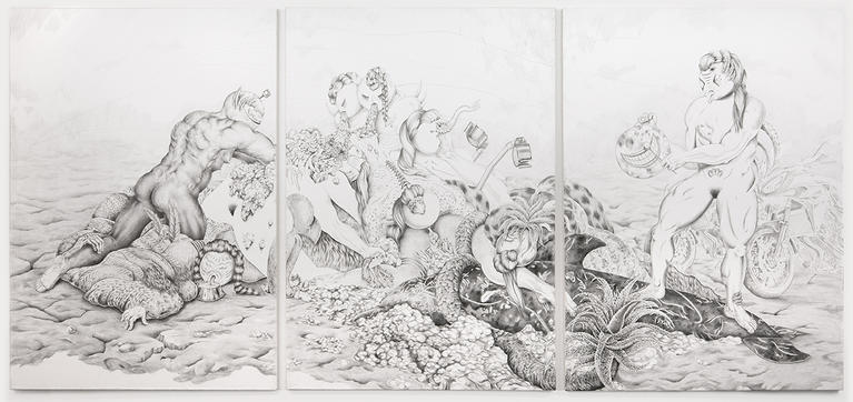 Florencia Rodriguez Giles, Biodelica, 2018, Crayon sur papier contrecollé sur tissu, 206 x 454.5 cm