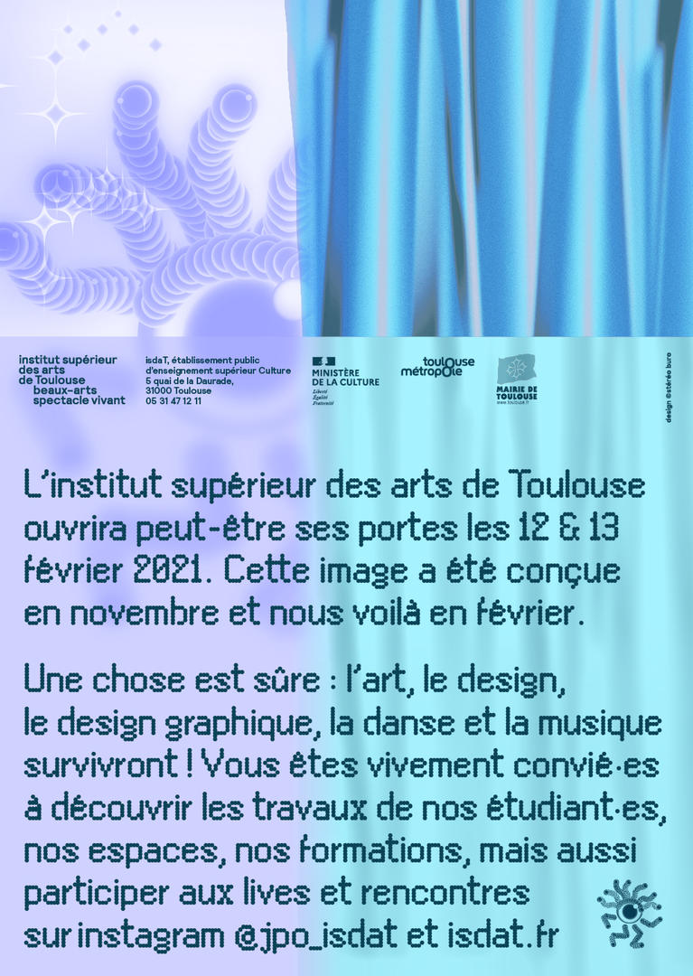 Affiche des Journées Portes Ouvertes 2021 de l'isdaT, création Stéréo buro.