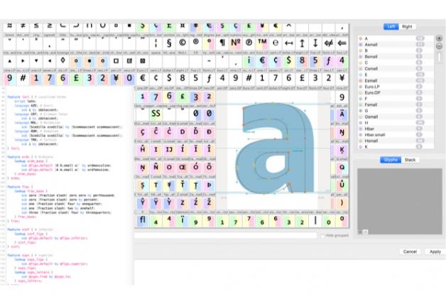 Luciole, captures d’écran du logiciel de dessin de caractères Glyphs, typographies.fr, 2019