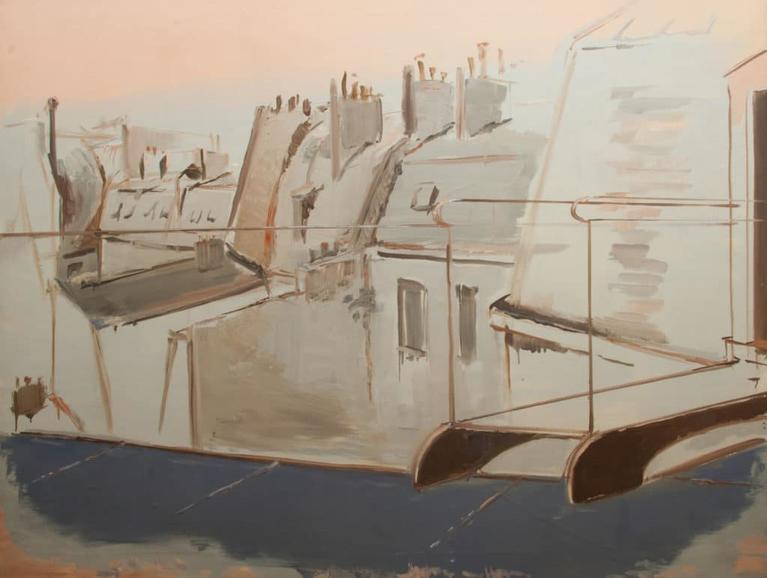 Tableau foguratif de Jean Hélion représentant des toits de Paris à l'aurore.