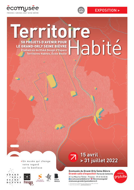 fond d'affiche : carte du Grand-Orly Seine Bièvre dans les tons brique représentant le territoire sillonné par les étudiants des 5 promo pour y encrer leur projet d'utopies urbaines