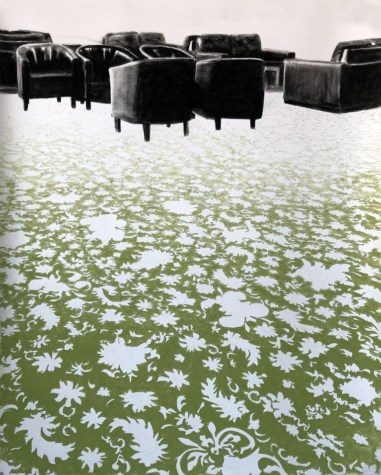 Natasja van Kampen, Hôtel lobby, black seats, green carpet, 2021,  140x120 cm