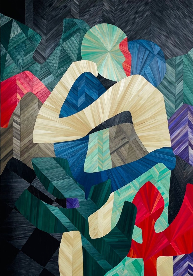 Pauline Guerrier, La Réconciliation VI, 2021, marqueterie de paille de seigle sur bois, 118 x 85 cm