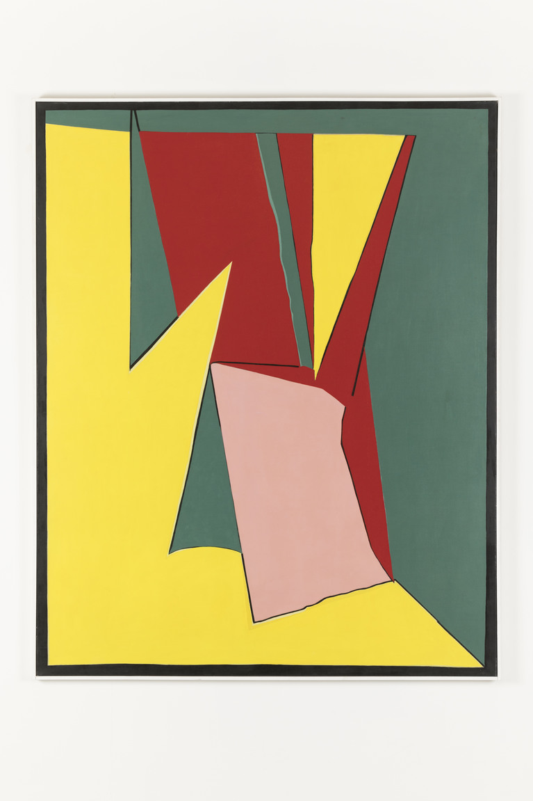 oeuvre abstraite géométrique colorée, rouge, verte, rose et jaune