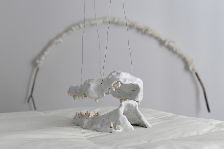 The Structure of Presence (2022), Bianca Lee Vasquez. Crocodile (2021), Anna Pavlova. 'Clouds' exposition à Sainte Anne Gallery, Paris. 