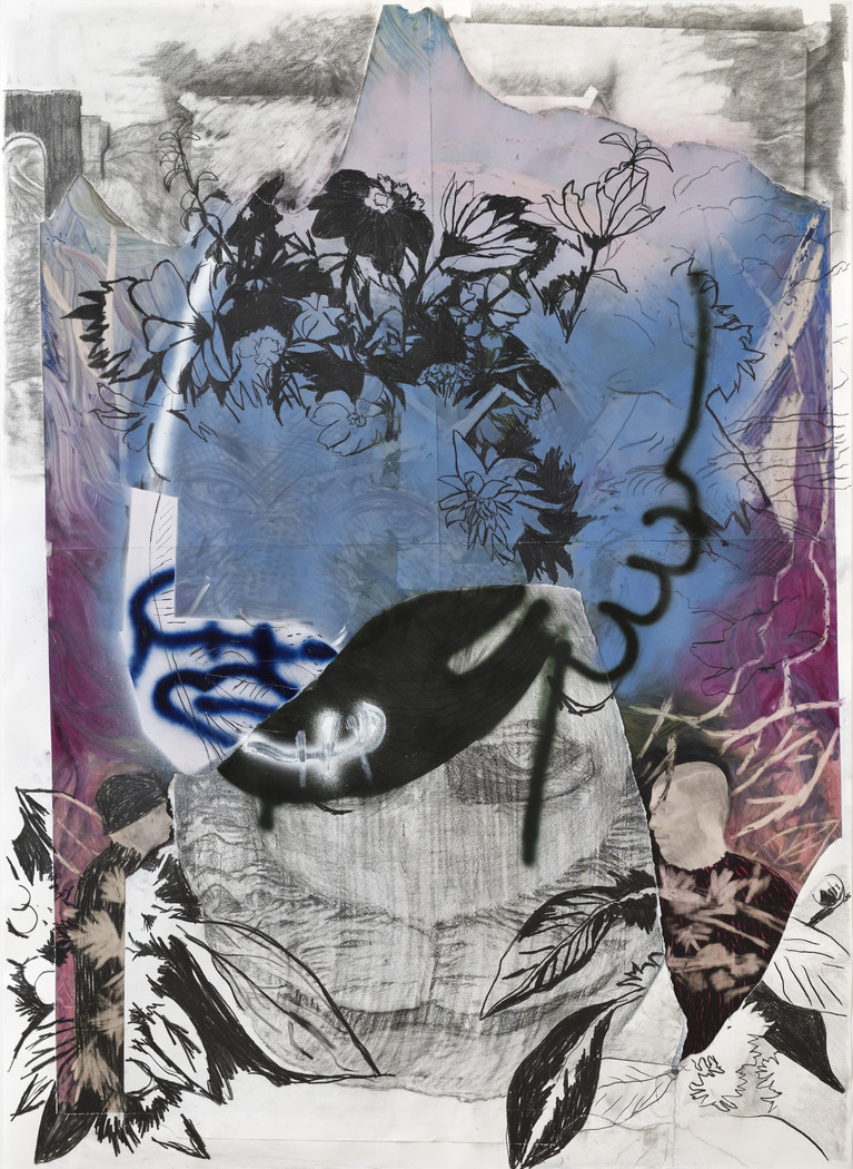 Frédéric Malette, Brûler les fleurs, 2023, graphite, collage, pastel et peinture aérosol, 220 x 150 cm