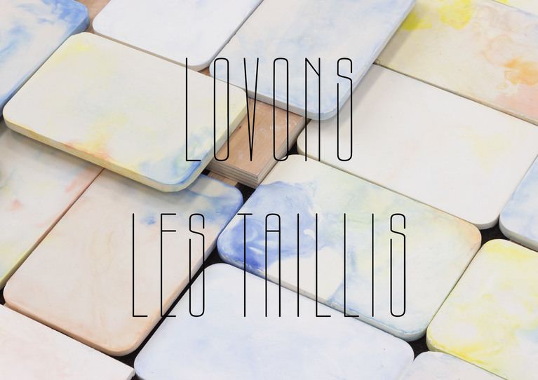 le titre de l'exposition "Lovons les taillis" écrit par dessus une oeuvre de Marie Lannou composée de pavés de plâtre aux couleurs pastels.