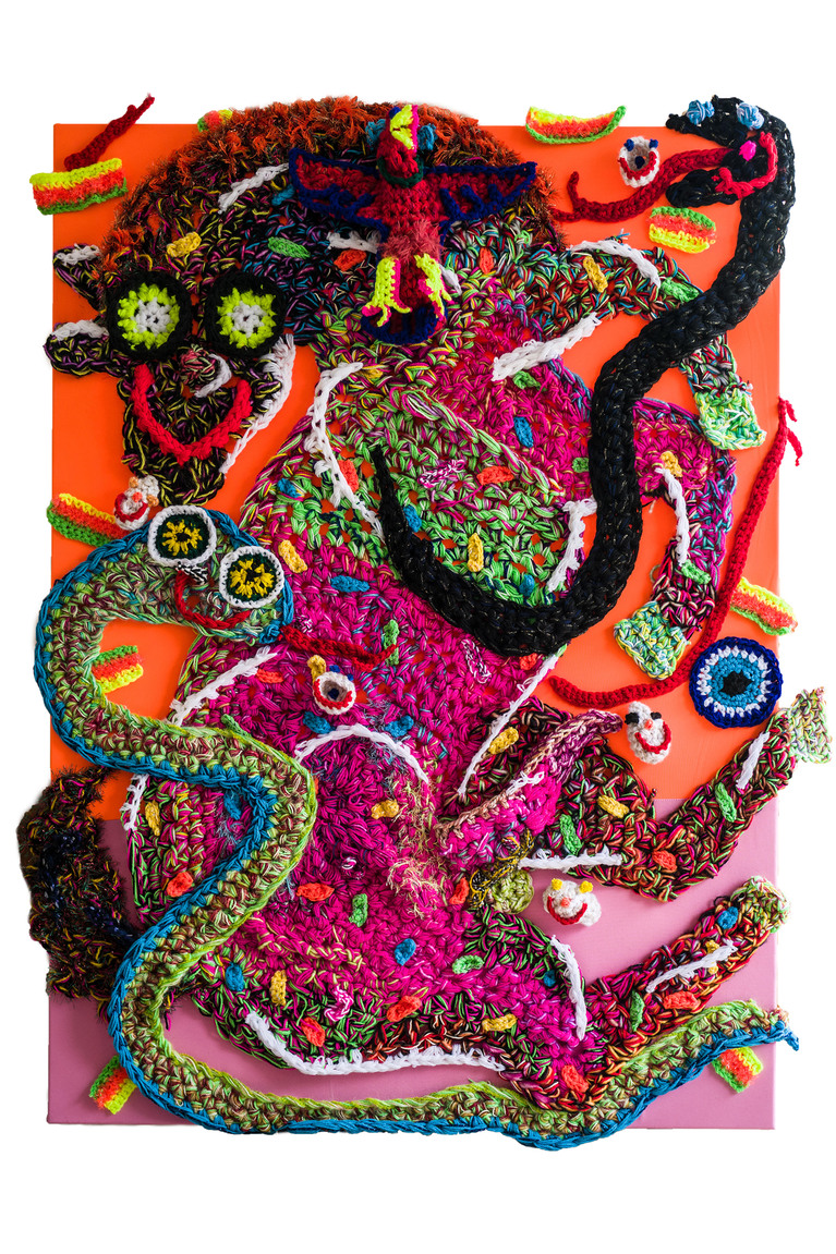 Stephan Goldrajch, Cheval, 2021, crochet sur toile, 140 x 100 cm, courtesy de l’artiste, de la galerie Xippas et de la galerie Baronian, visuel ©Myriam Rispens