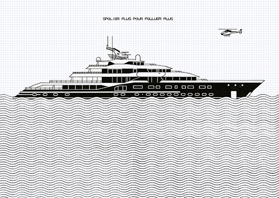 vue d'un yacht dessiné en noir et blanc sur un papier quadrillé