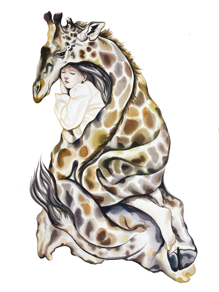 Liseuse de nuit sous la peau de girafon, 2023. Aquarelle sur papier, 76 x 56 cm \ Watercolor on paper, 29.9 x 22 in.