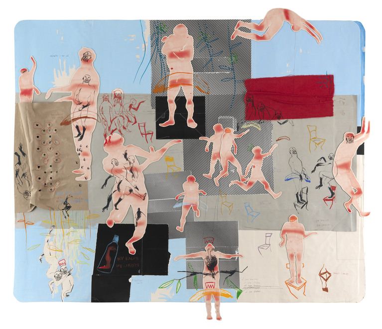 Nú BARRETO ; Na Kalur, 2022 ; Peinture acrylique, stylo, crayon, pastel mi-gras et collages sur carton recyclé ; 124 x 149 cm