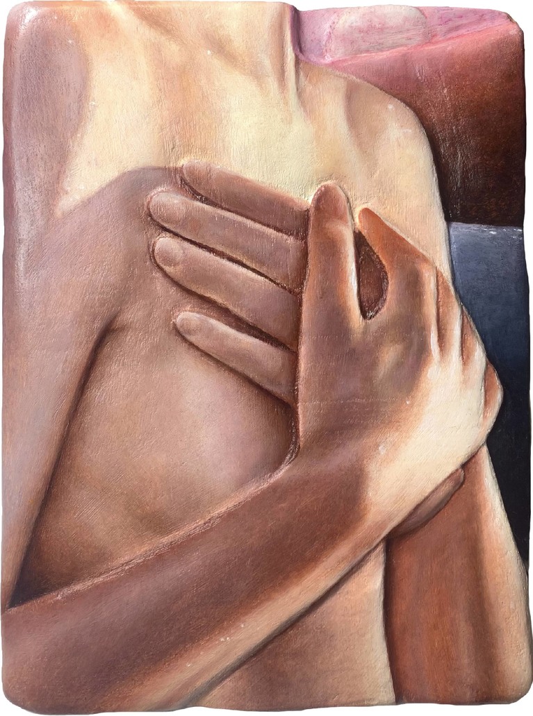 Marguerite Piard, La communion insulaire, 2023, huile sur bois sculpté, 22 x 16,5 cm. Courtesy de l'artiste