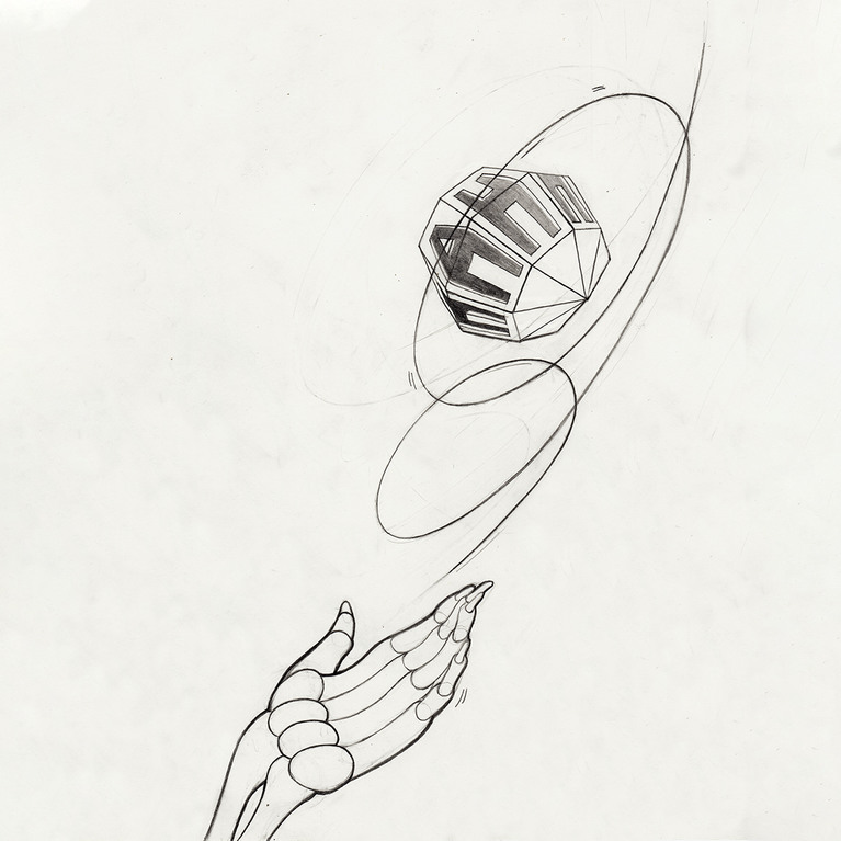 Dessins de Roy Köhnke, une main robotique lance une balle sur laquelle est noté Haha